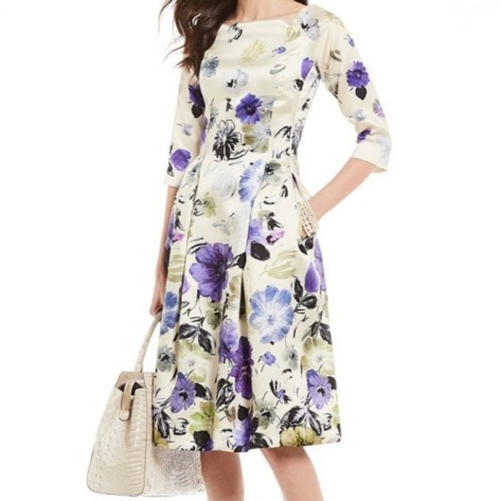 Alex Marie Purple Cream Green Floral Pleated Satin Knee Length Cocktail Dress 2